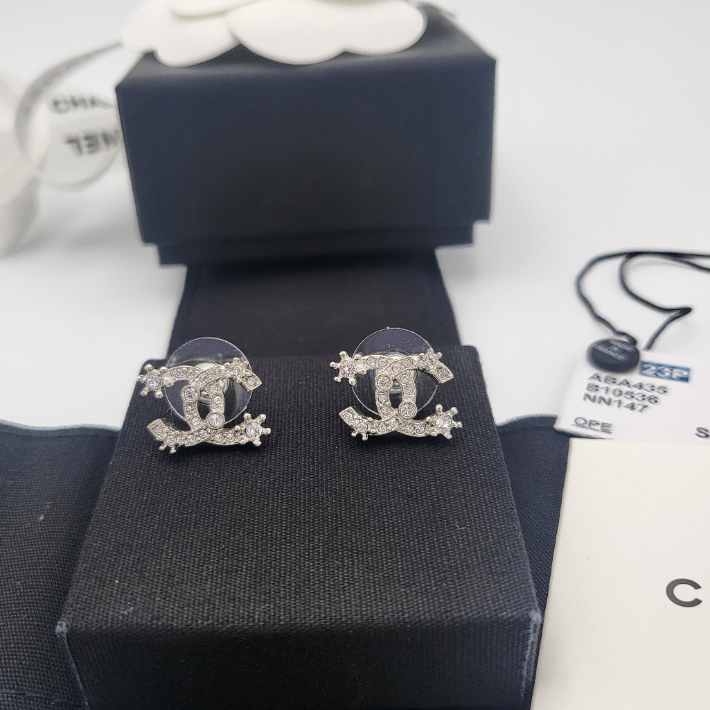 Brand New Authentic Chanel 2023 Silver Crystal Earrings Studs